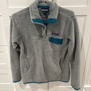Patagonia Gray Fleece with Teal Buttons